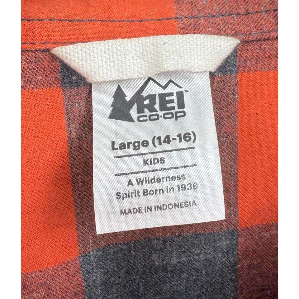 Camisa de franela REI cooperativa para niños naranja/rojo gris a cuadros abotonada L 14/16 al aire libre Foto 3 de 4