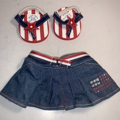 Build A Bear Workshop Red White Blue Outfit Denim Skirt, Belt and Sandals
