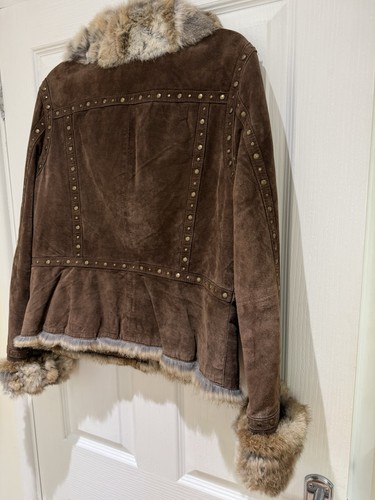 Damen Echt Wildleder Lederjacke mit Kaninchenfellkragen - Größe L - Bild 12 von 18