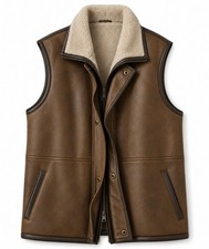 Men's Brown Sheepskin Leather 100 Real Sheepskin Shearling Fur Gilet Vest
