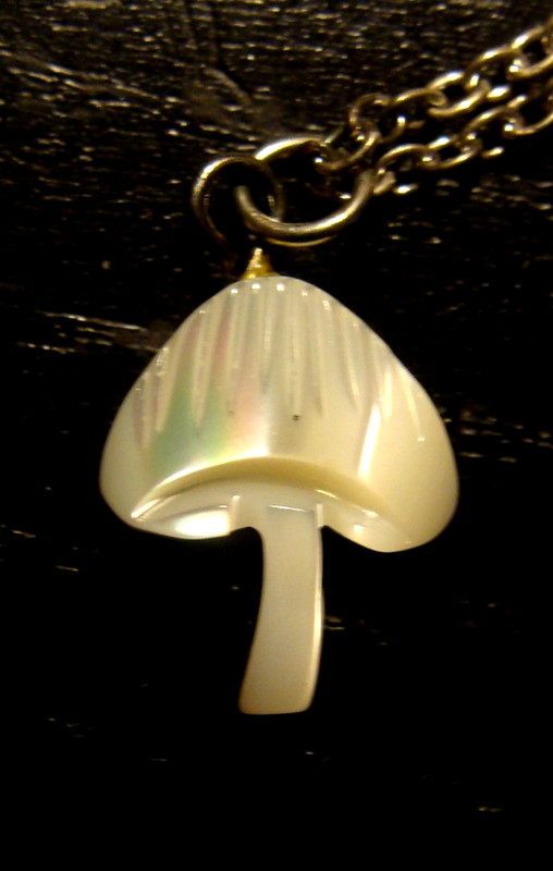 Mother of Pearl Mushroom Necklace / 16" Chain / Mushroom is 7/16" wide 1/2" long