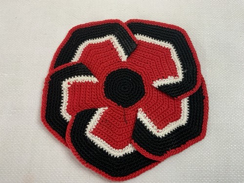 Vintage Hand Crocheted Potholder, Hot Pad, Flower Design, Round, Red, Black - Picture 3 of 9