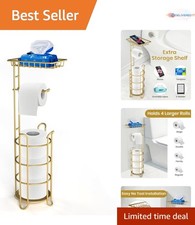 Gold Toilet Paper Holder Stand with Shelf Freestanding Holds 4 Mega Rolls Bat...