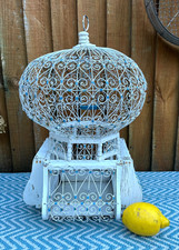 Vintage Large Decorative White & Blue Wire Work Moroccan Balloon Top Bird Cage