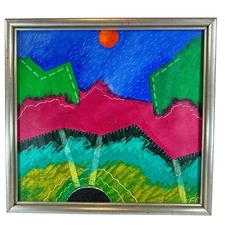 Original Abstract Landscape Painting Signed FG Framed Modern Neon Pop Art