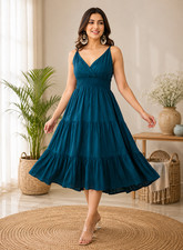 Women Solid Teal Blue Tiered Midi Dress Sleeveless V Neck Smocked Fit & Flare