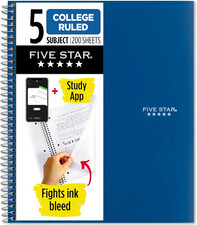Five Star Spiral Notebook  Study App, 5 Subject, College Ruled Paper, 8-1/2" X