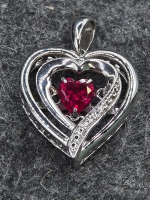 Fine Jewelry Sterling 925 Silver Created Ruby Heart Movement Pendant 