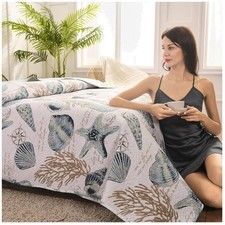 Coastal King Size Quilt Set, 3Pcs Ocean Theme Bedspreads
