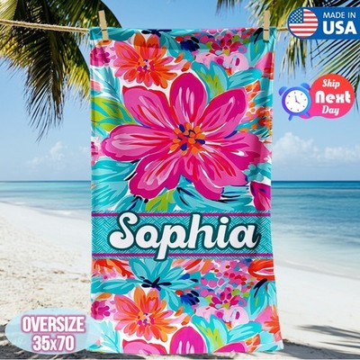 Custom Name Beach Towel Tropical Floral Fast Dry Absorbent 30''x60'' Summer Gift