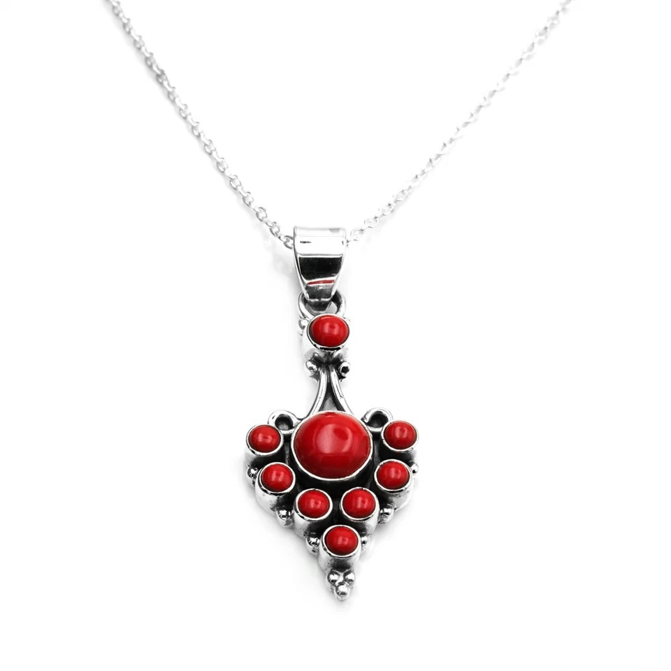 Colar de coral prata esterlina 925 colar pingente de coral vermelho natural - Imagem 4 de 4