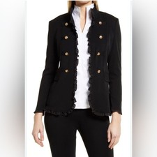 MING WANG Ruffle Edge Open Front Knit Jacket In Black ratil 335 Sz Medium