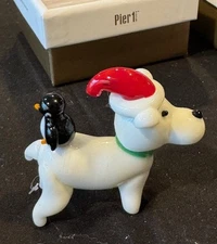 Pier One Porcelain DOG w/ PENGUIN Box & Product Card Christmas Decor Ornament