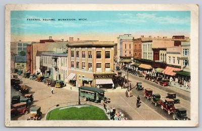 1915 Federal Square Schulte Cigars Autos Muskegon Michigan MI Antique Postcard