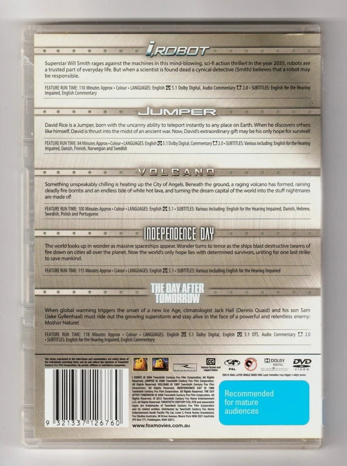 I, Robot / Jumper / Volcano / Independence Day / The Day After Tomorrow DVD VG - image 2 of 2