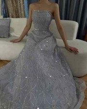 Gray A Line Elegant Strapless Beaded Long Evening Dresses A-line Floor Length