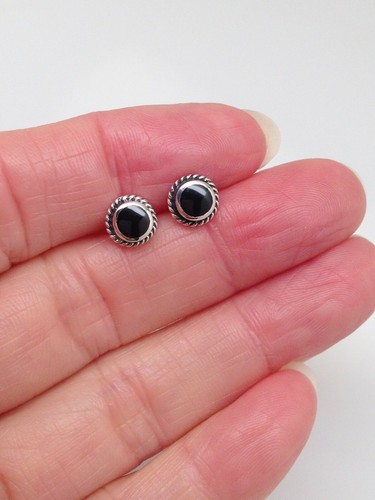 Black Onyx Stud Earrings 925 Sterling Silver Tiny Round Studs 6.5mm/4.5mm Womens - Picture 9 of 10