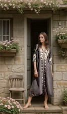 JOHNNY WAS Plus XXL Grey & Cream Linen Dress V Neck MIDI Maxi Embroidered Birds