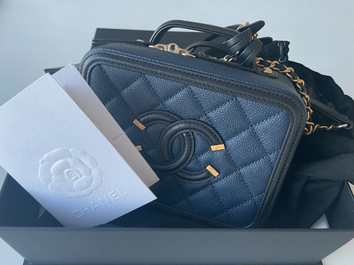 Chanel Caviar Vanity Filigree CC Small Blue and Black Case Bag