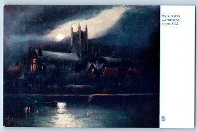 Worcester England Postcard Cathedral From S.W. at Night c1910 Oilette Tuck Art