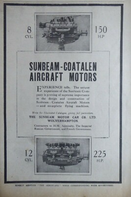 8/1916 PUB SUNBEAM COATALEN AIRCRAFT MOTOR ENGINE WOLVERHAMPTON ORIGINAL AD
