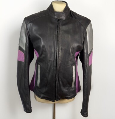 UNIK Leather Motorcycle Cafe Racer Jacket Women Large Black Purple Silver Biker