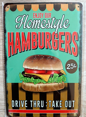 Blechschild - ENJOY OUR Homestyle HAMBURGERS - Retro Schild - 20x30cm  Neu+OVP
