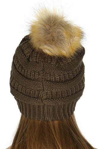 Beanie Marke exklusive weiche Stretch Zopfmuster Kunstfell Bommel CC Mütze - Bild 2 von 9