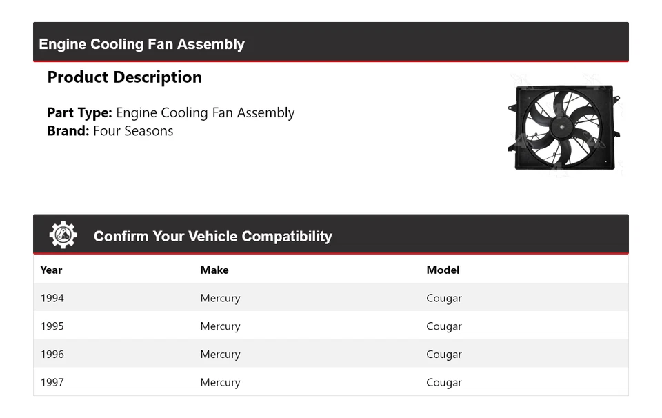 Conjunto de ventilador de refrigeración para motor Mercury Cougar 1994-1997 4 estaciones 1995 1996 Foto 2 de 4