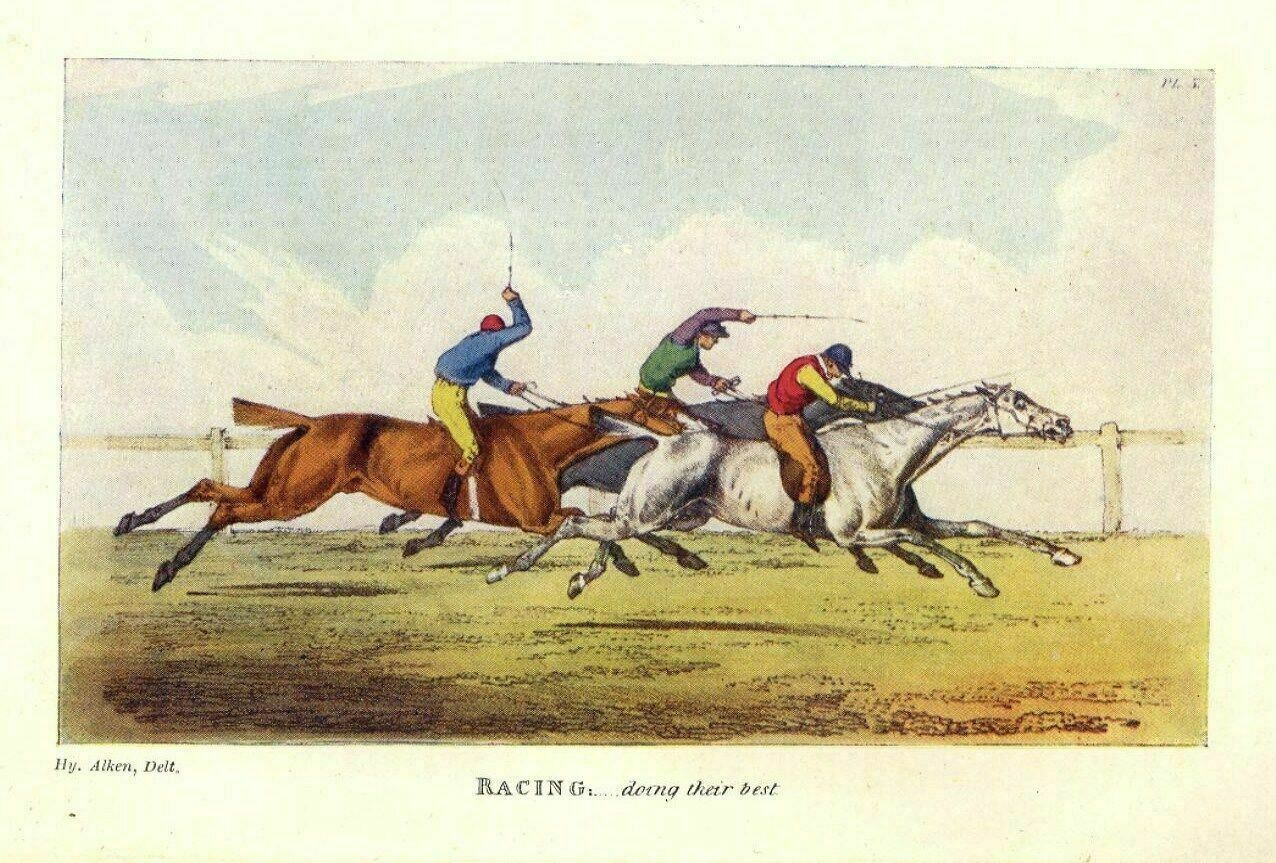 HORSE RACING JOCKEYS WHIPPING AND SPURRING HORSES ANTIQUE COLOR PRINT JOCKEY