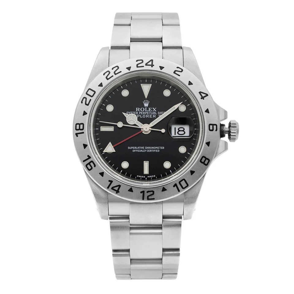Rolex Explorer II GMT acero caja sin agujeros esfera negra reloj automático para hombres 16570