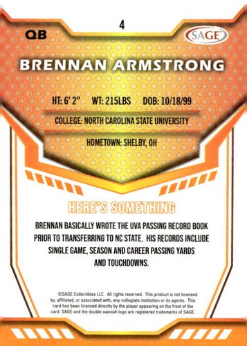 Brennan Armstrong 2024 SAGE HIT - Silver #4 - NC State Wolfpack - Picture 2 of 2