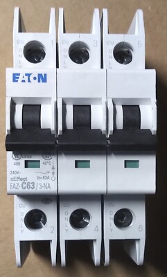 EATON FAZ-C63/3-NA CIRCUIT BREAKER, 3-POLE, 63A, 240V, C CURVE, NEW, NO BOX