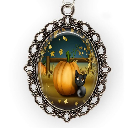 Autumn Pumpkin Black Cat Halloween Glass Top Oval Pendant Necklace Photo Jewelry - Picture 1 of 4