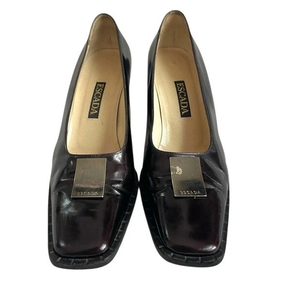 Vintage Escada Black/Brown Leather Pumps Metal Logo Stiletto Size 7B - Image 2 of 4