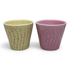 Set of 2 Vtg MCM Yellow Pink Speckled Swirl Style Ceramic Flower Pot USA Pottery