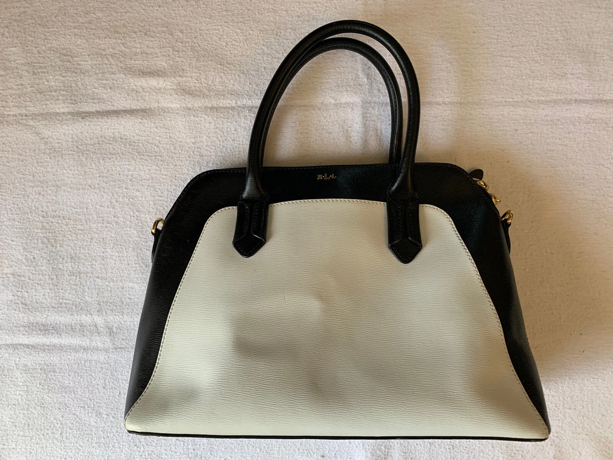 Ralph Lauren Leather Black & White Zipper Handbag Top Handle Bag - 16x9x5