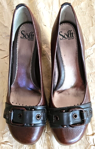 SOFFT Brown Leather Buckle Pumps Block Heels Womens US Size 7.5M