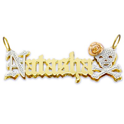 Personalisierter massiver 14K Gold 3D alter englischer Namensanhänger Totenkopf gekreuzte Knochen Rose