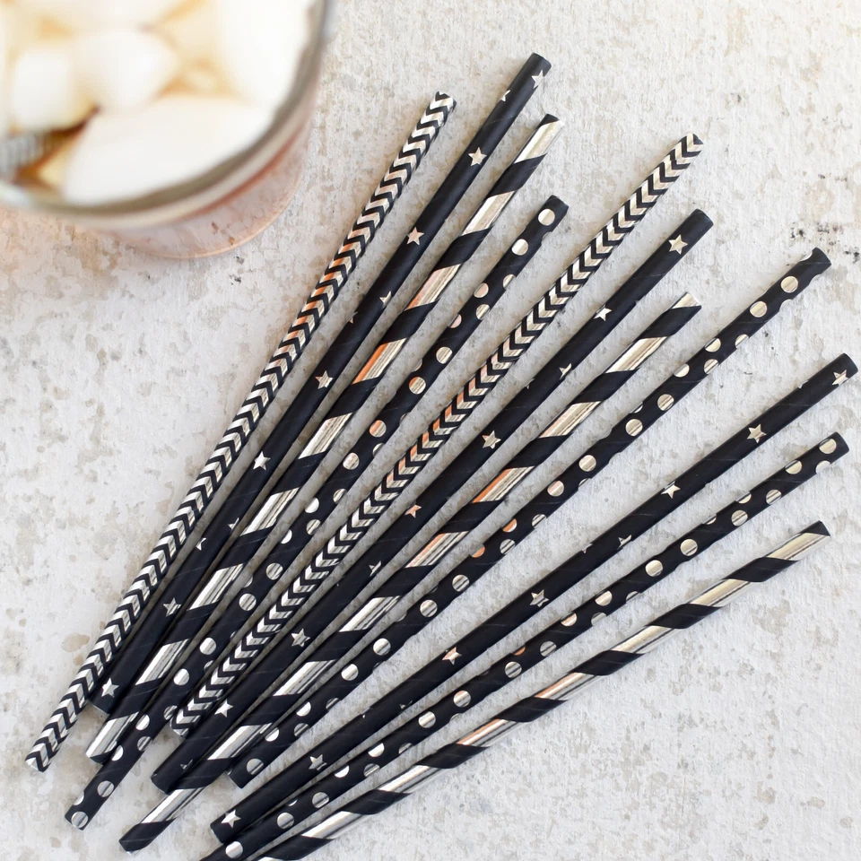 Black, Silver Straws Disposable Drinking Straws 100 For Cocktails Birthday Party - Image 2 of 4