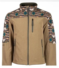 Hooey Fleece Lined Softshell Jacket" Tan with Brown / Tan Aztec Sleeves XL NWT