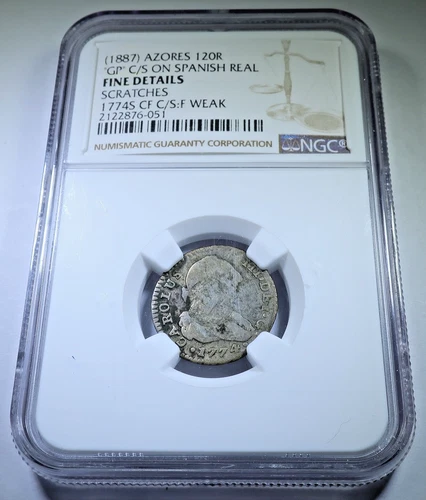 NGC Azores 120 Reis Countermark 1774 Spanish Silver 1 Reales Antique 1700's Coin