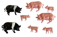 Vintage Britains Pig & Piglets Farm Animal Toy Lot - Black & Pink - England 1971