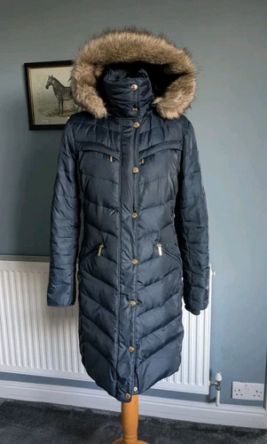 michael kors piccolo piumino blu F media lunghezza pelliccia cappuccio puffer coat cappuccio rimovibile