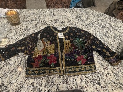 Vtg Together Beaded Silk Jacket Sequin Arabian Desert Night Scene Women Sz Large