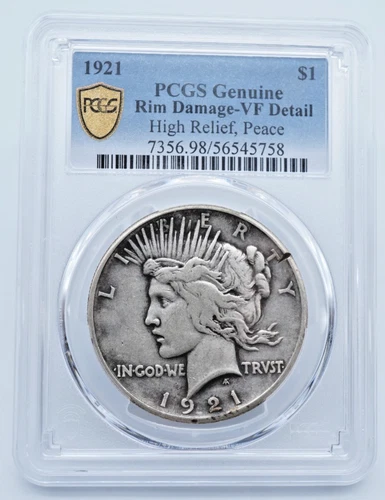 1921-P High Relief Peace Silver Dollar PCGS Genuine Rim Damage VF Detail - T283
