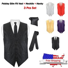 Men's Paisley Design Dress SLIM Fit Vest Skinny NeckTie Waistcoat Tie Hanky Set