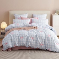 Full Size Duvet Cover - Blue Plaid Pink Bowknot Comforter Cover Soft  Lightw...