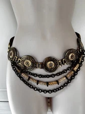 Streets Ahead Vtg Belt Sz S Carved Bone Circles Gold Tone Ornate Frames Chains