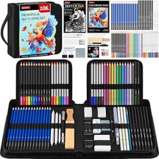 106 Pack Drawing Set Sketching Kit, Pro Art Supplies Sketch Pencils Set Black